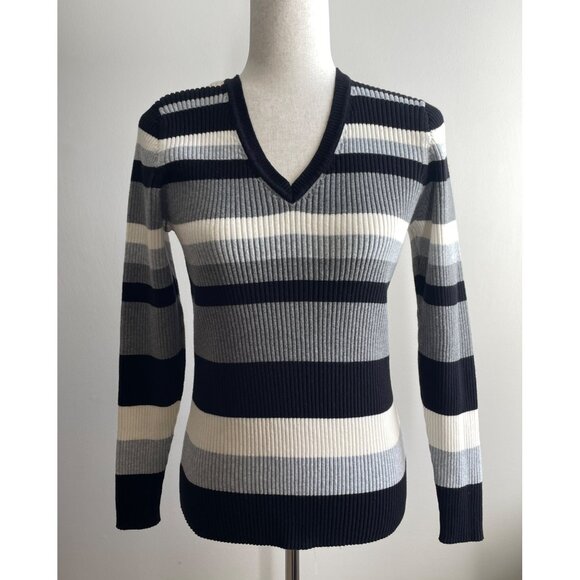 St. John's Bay Sweaters - St Johns Bag V-Neck Sweater Womens L Black/Gray Stripe Fitted Long Sleeve 90s